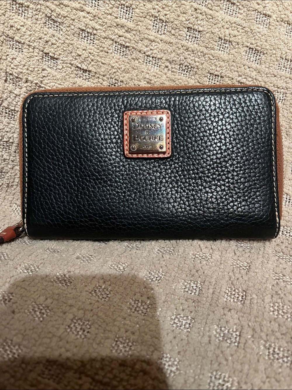 Dooney & Bourke Black Pebble Leather Zip Wallet with Tan Trim